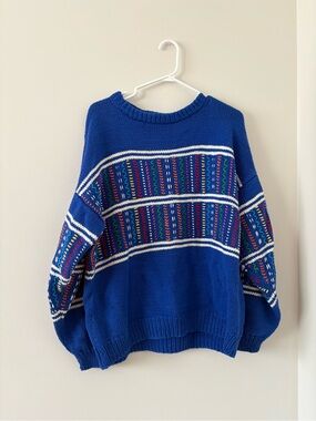 Blue Patterned Crewneck Sweater - Unbranded